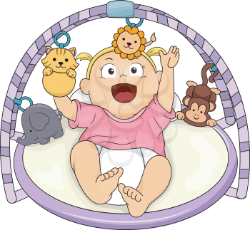 Illustration of a Baby Girl Playing with the Toys Attached to Her Musical Gym