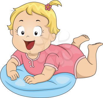 Illustration of a Smiling Baby Girl Propped Up by a Pillow