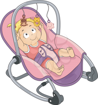 Illustration of a Baby Girl Trying to Reach the Toys Attached to Her Rocker