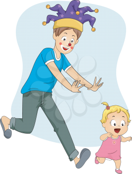 Illustration of a Father Wearing a Fool's Cap Playfully Chasing His Baby Girl