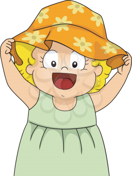 Illustration of a Smiling Baby Girl Wearing a Floral Sun Hat