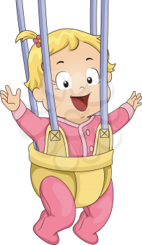 Illustration of a Baby Girl Strapped to a Door Bouncer/