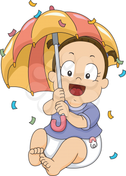 Illustration of a Baby Girl Holding an Umbrella to Protect Herself Against a Shower of Confetti