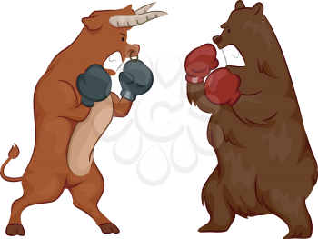 Illustration Depicting the Stock Market by Using a Bear and a Bull Wearing Boxing Gloves