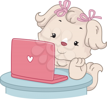 Illustration of a Cute Female Dog Doing an Online Search