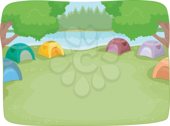 Illustration of a Lakeside Camp Site Filled with Colorful Camping Tents