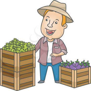 Illustration of a Farmer Standing Beside Crates of Fresh Produce