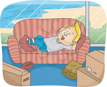 Illustration of a Man Contentedly Lying on the Couch in His New Home