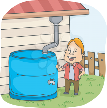 Illustration of a Man Collecting Rainwater from the Gutter