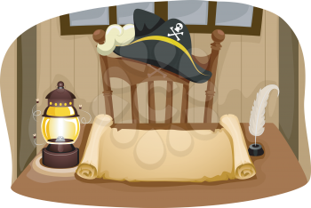 Illustration Featuring a Table, Chair, Pirate Hat, and Blank Paper Scroll
