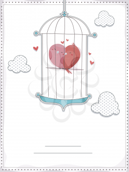 Invitation Card Illustration Featuring Lovebirds Cuddling Inside a Cage