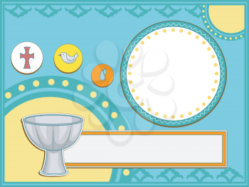 Baptismal Invitation Illustration Featuring a Baptismal Font and Other Religious Icons