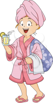 Illustration of a Girl Clad in Robe Drinking a Glass of Juice at the Spa
