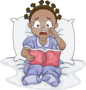 Illustration of a Little Black Girl Crying Over the Book She is Reading