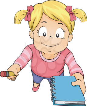 Illustration of a Little Girl Holding a Pencil and Notebook and Asking Someone to Write Something for Her