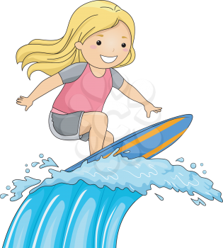 Illustration of a Little Girl on a Surfboard Riding a Huge Wave