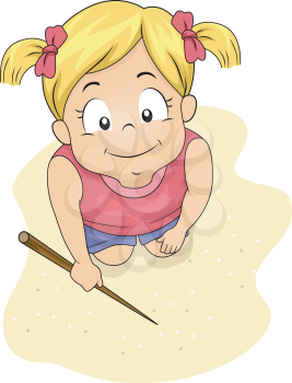 Illustration of a Little Girl Writing on the Sand with a Piece of Stick