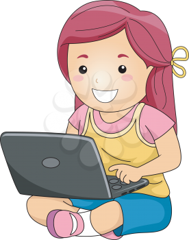 Illustration of a Little Girl Typing Away on Her Laptop