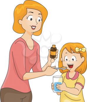 Illustration of a Mother Giving Her Daughter a Spoonful of Vitamin Supplements