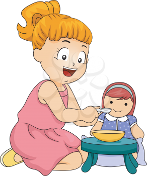 Illustration of a Little Girl Feeding Her Doll