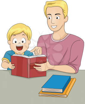 Illustration of a Father and Son Reading a Book Together