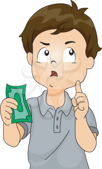 Illustration of a Boy Thinking to Himself While Holding a Paper Bill