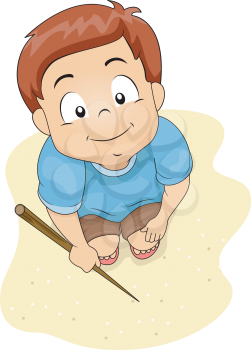 Illustration of a Boy Using a Stick to Write on the Sand