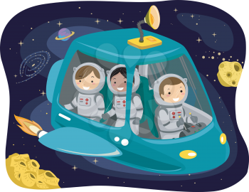Illustration of Kids Wearing Space Suits Riding a Space Ship