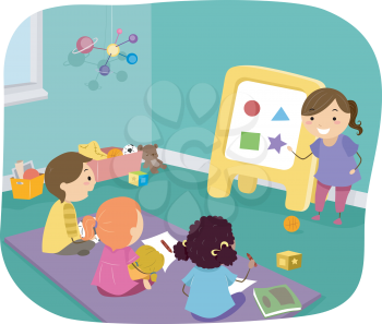Illustration of Preschool Kids Learning Basic Shapes