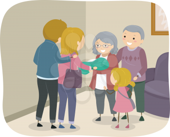 Illustration of a Family Visiting an Elderly Couple to Present a Newborn Baby