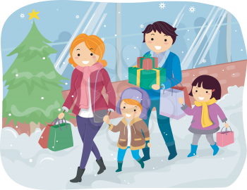 Illustration of a Family Doing Some Christmas Shopping Together