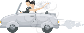 Illustration Featuring Newlyweds in a Bridal Car