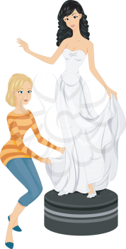 Illustration of a Bride to be Fitting Her Bridal Gown