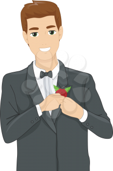 Illustration of a Groom Putting a Corsage on His Suit