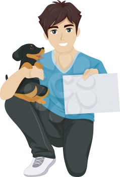 Illustration of a Male Teen Holding a Cute Puppy in One Hand and a Training Certificate on the Other Hand