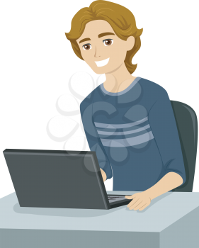 Illustration of a Male Teen Doing Some Research Using His Laptop