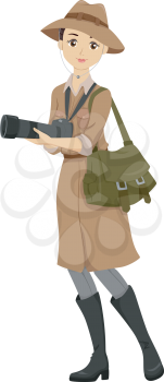 Illustration of a Teenage Girl Dressed in a Safari Outfit Holding a DSLR Camera