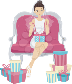 Illustration of a Woman Opening the Gifts from Her Bridal Shower
