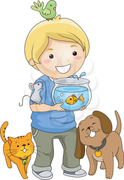 Illustration of a Little Boy Surrounded by Different Pets