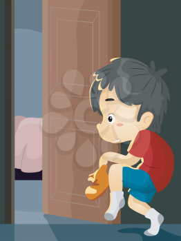 Illustration of a Little Boy on Tiptoes Trying to Sneak Out of the House