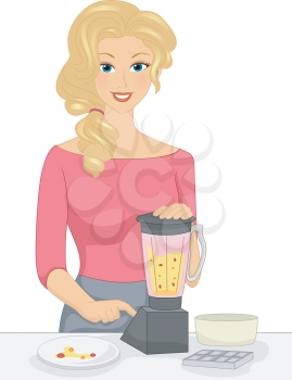 Illustration of a Girl Mixing Fruits in the Blender