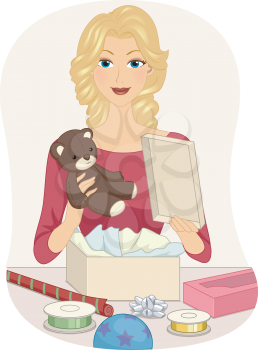 Illustration of a Girl Wrapping a Teddy Bear to Send Out as a Gift