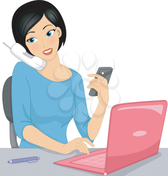 Illustration of a Girl Typing on Her Laptop While Talking on the Phone