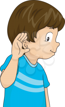 Illustration of a Little Boy with His Hand Pressed Against His Ear in a Listening Gesture