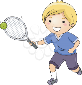 Illustration of a Little Boy Hitting a Tennis Ball with a Racket
