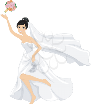 Illustration of a Bride Throwing Her Bouquet While Running Barefoot