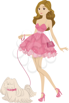 Illustration of a Girl Wearing a Pink Frilly Dress Taking Her Dog for a Walk