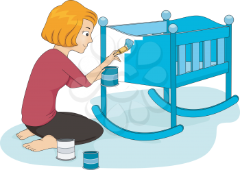 Illustration of a Mother Applying Blue Paint on Her Baby's Crib