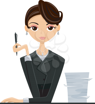 Illustration of an Office Girl in a Black Suit Sitting Beside a Stack of Paper