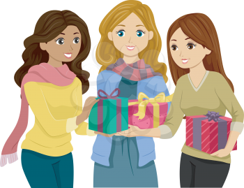 Illustration of Girls in Winter Clothes Exchanging Gifts